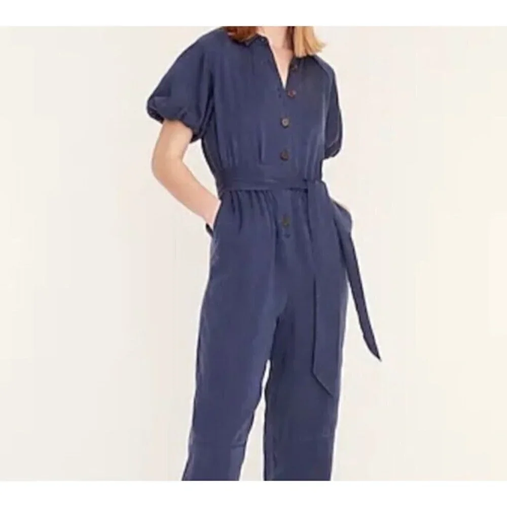 J. Crew Belted Jumpsuit Blue Puff Sleeve Boho Silky Pockets Button Down 2 $268